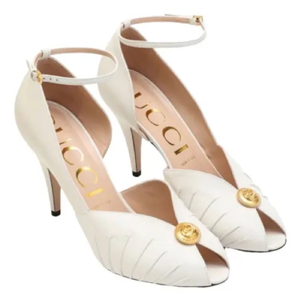 Gucci White Peep-Toe Heels with Ankle Strap